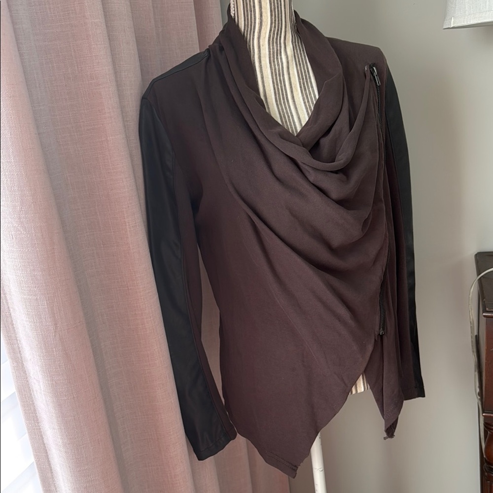 Modern Brown and Black Leather Jacket with Asymmetrical Hem